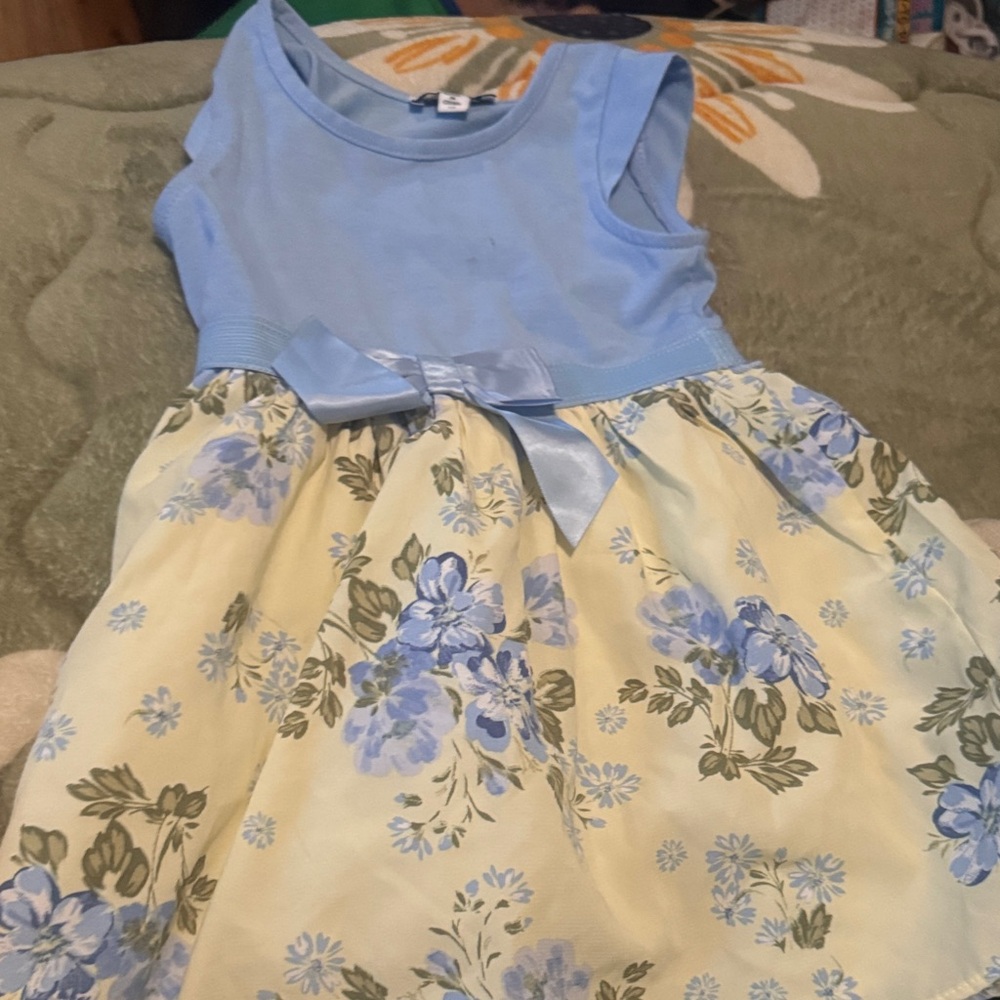 Girls Blue and Cream Floral Party Dress